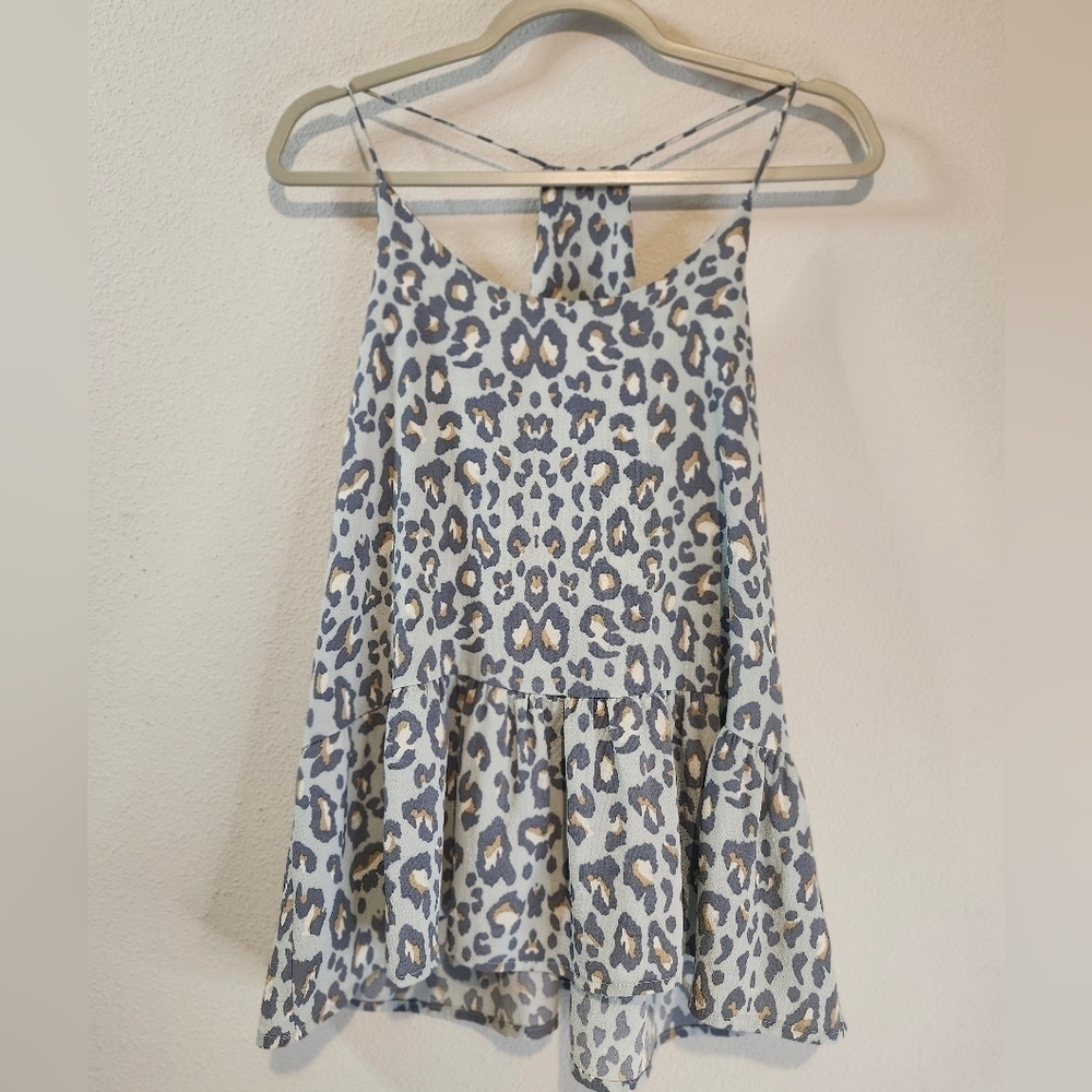 Karlie Women's Blue Gray Leopard Ruffle Peplum Tank Top Blouse Size Medium